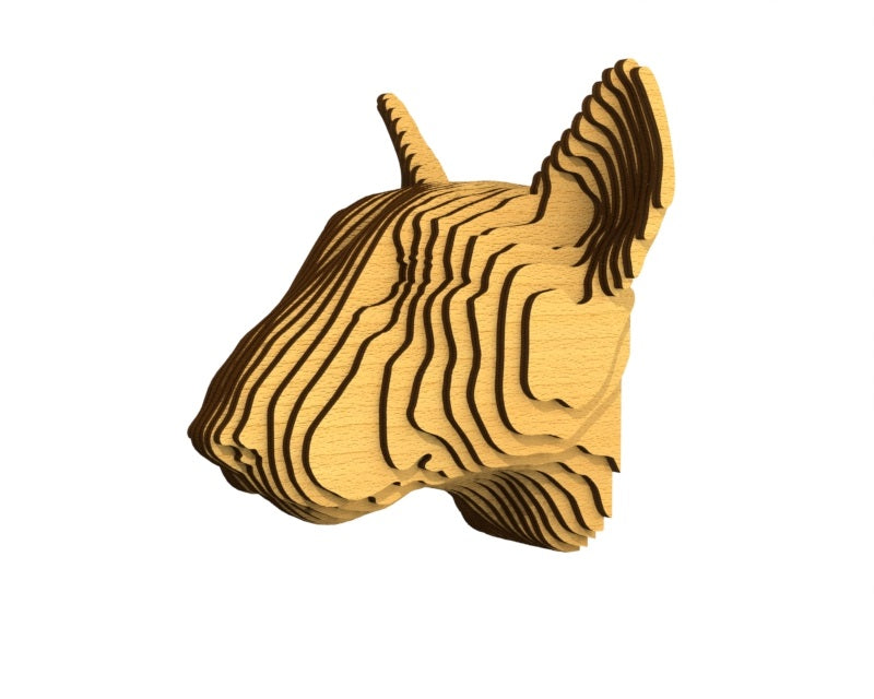 3D houten hondenkop (bull terrier), met de laser gesneden en gelaagd design, ideaal als moderne wanddecoratie of aandenken aan je huisdier